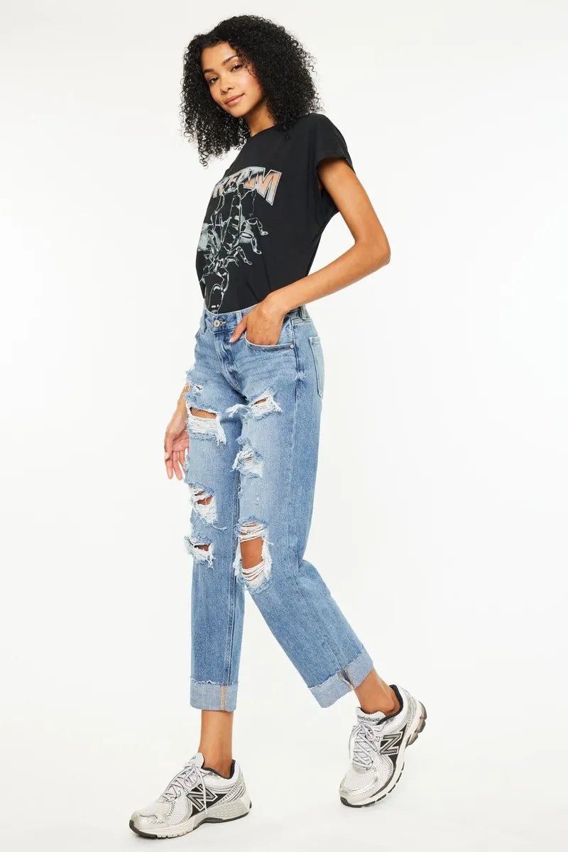 Kancan Mid Rise Distressed Boyfriend Fit Jeans - Bela Fils BoutiqueBela Fils Boutique